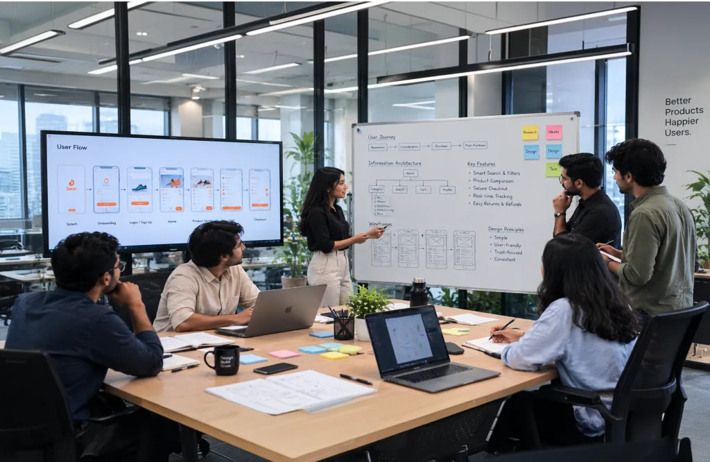 The Flow 53 team collaborating around a whiteboard session